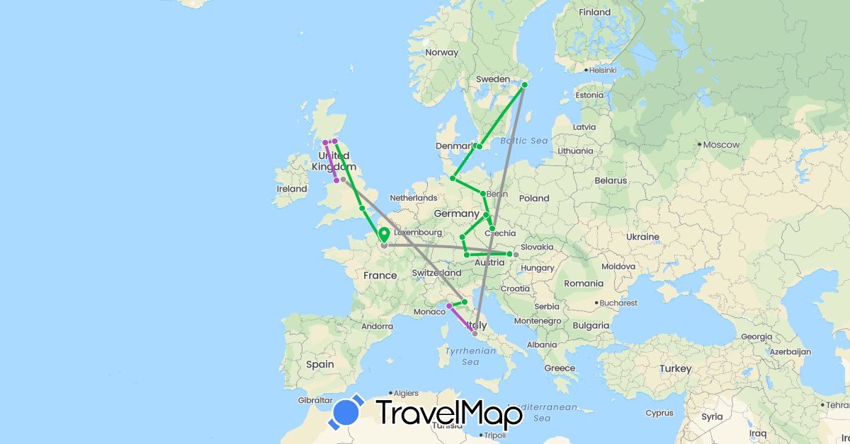TravelMap itinerary: driving, bus, plane, train in Austria, Czech Republic, Germany, Denmark, France, United Kingdom, Italy, Sweden, Slovakia (Europe)